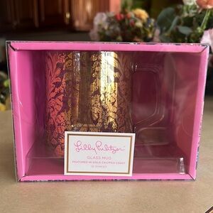 Lily Pulitzer 12oz Glass Mug Gold Metalic Calypso Coast NIB